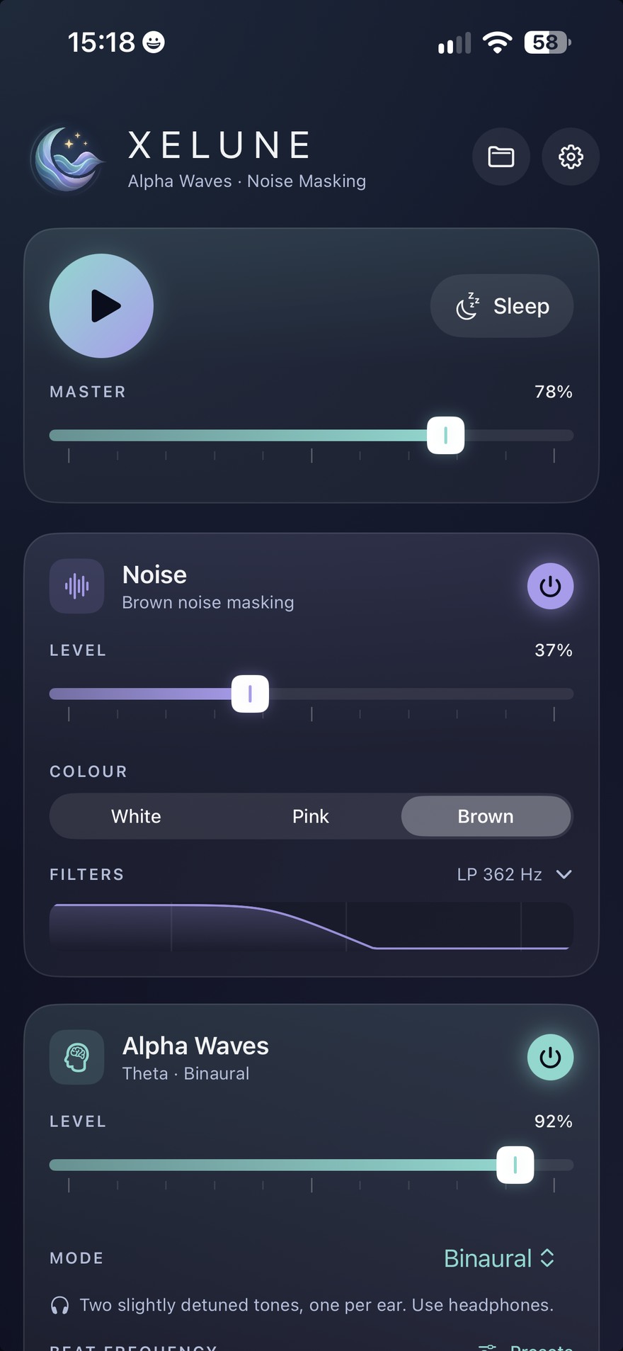 XELUNE on iPhone: master transport at the top, then the Noise track with colour segments and a filter curve.