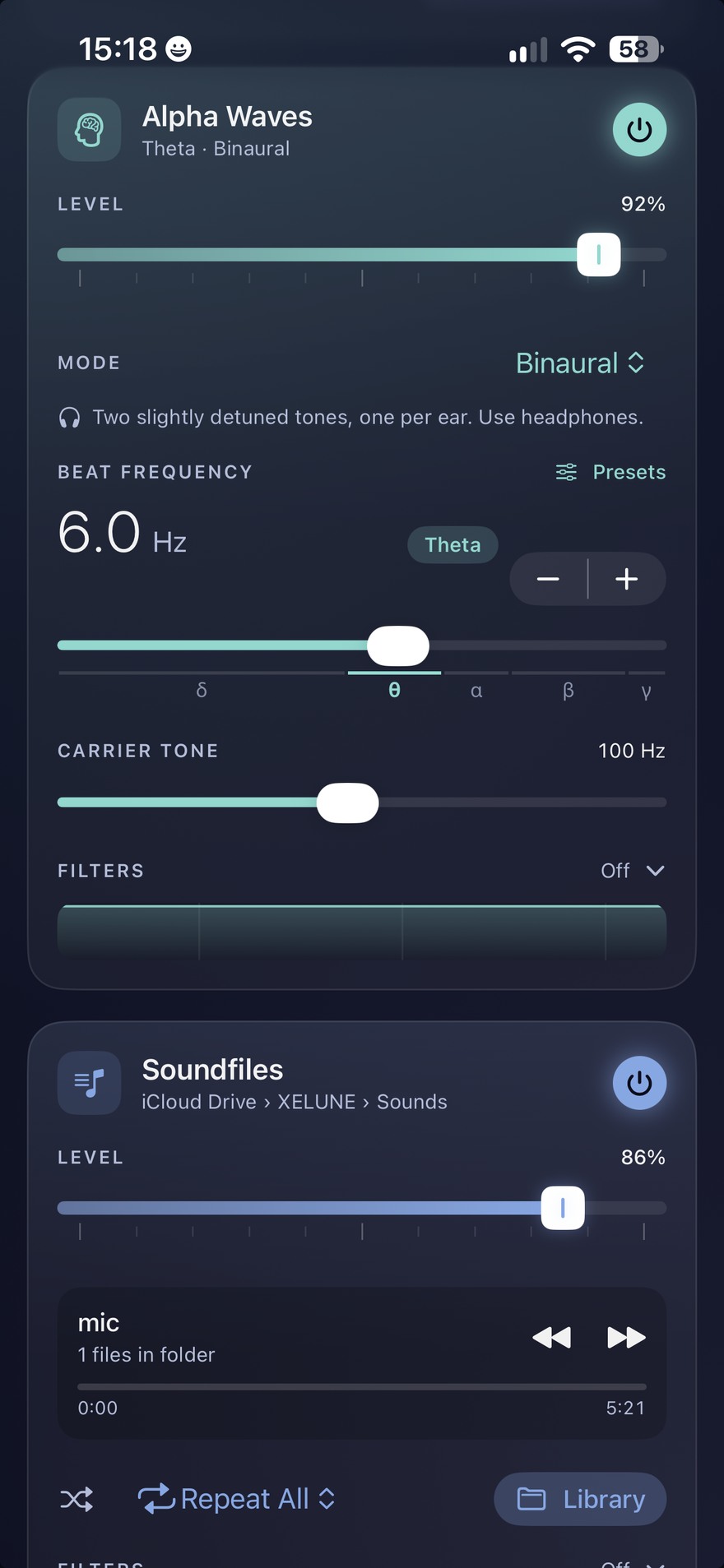 XELUNE on iPhone scrolled down: the Alpha Waves track with beat frequency, band markers and carrier tone, and the Soundfiles player below.