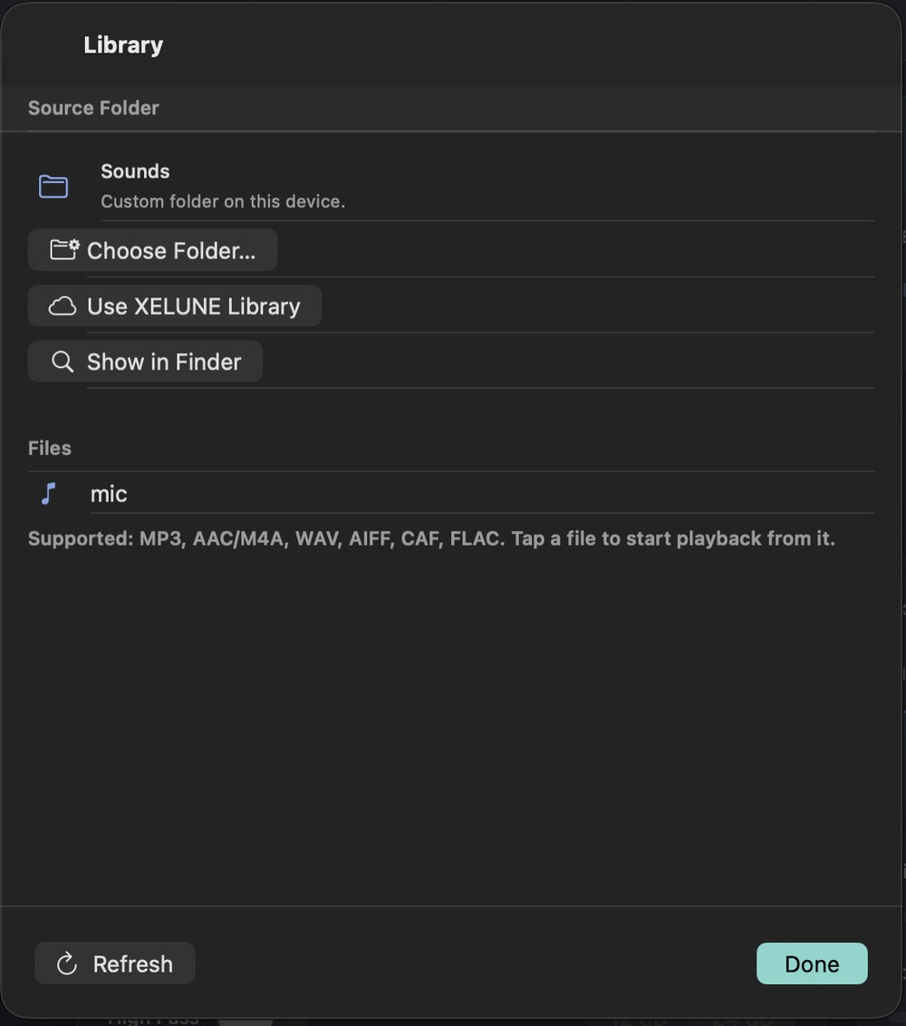 The Library sheet: a source folder called Sounds with buttons to choose a folder, use the XELUNE library or show it in Finder, and a list of files below.